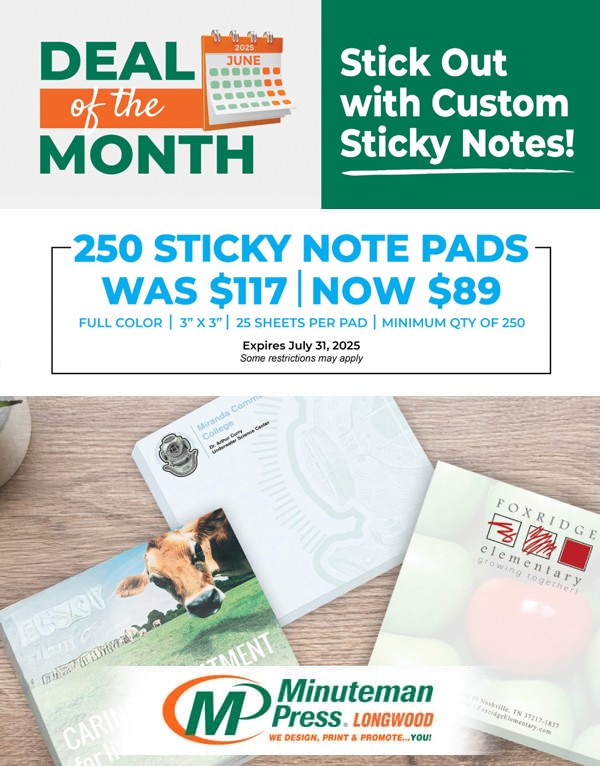 Minuteman-Press-Longwood—July-2025-Deal-Of-The-Month June 2025 Deal Of The Month - 250 Sticky Note Pads For $89